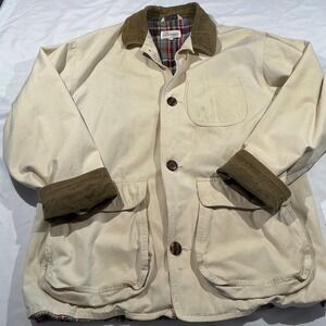 North Country Mens Canvas Barn Jacket Cream Plaid Lined Corduroy Trim Large